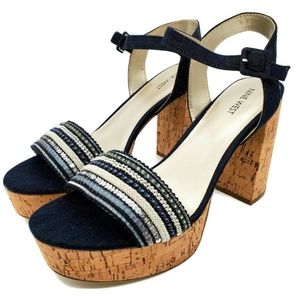 Nine West Keira38 Sz11 Denim/Bead Platform Sandals